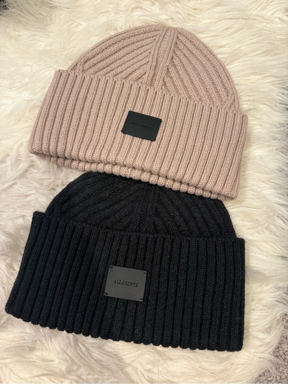 All Saints Ribbed Beanies - Black & Light Pink